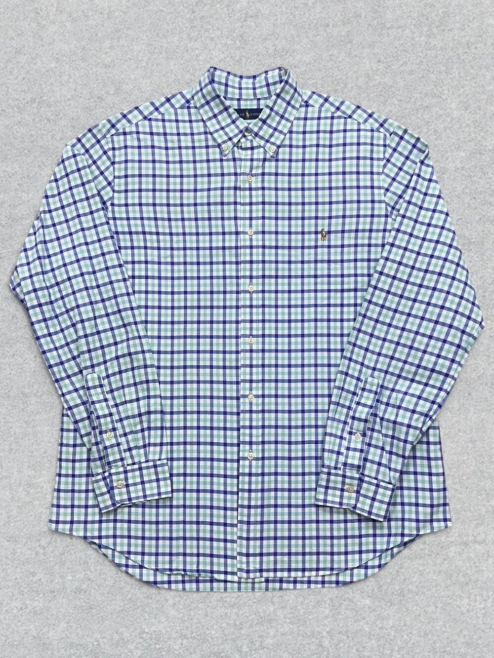 Ralph Lauren OCBD Shirt Mens XL Blue Green Plaid Long Sleeve Flesh Pony Modern